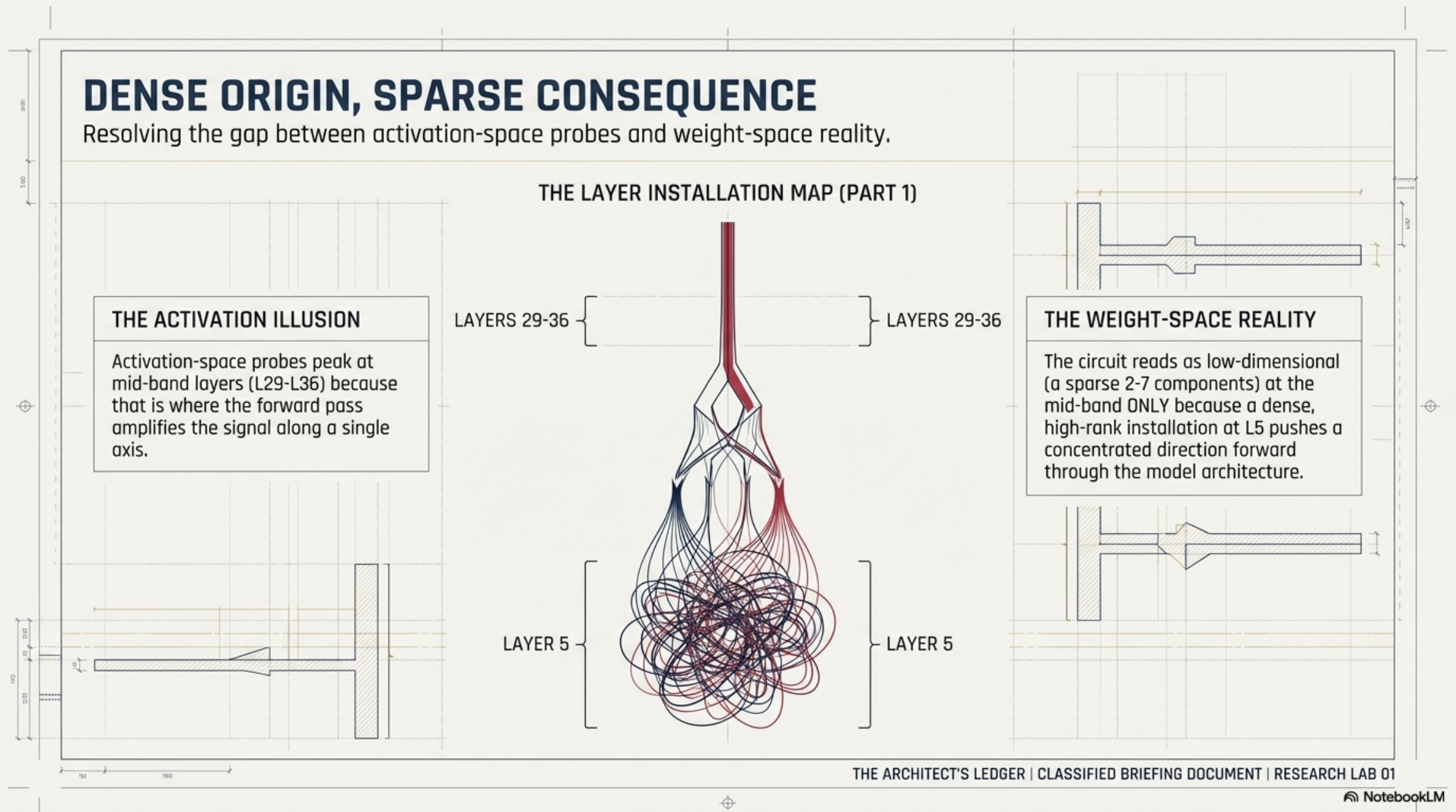 Dense origin at L5 produces sparse consequence at L29–36