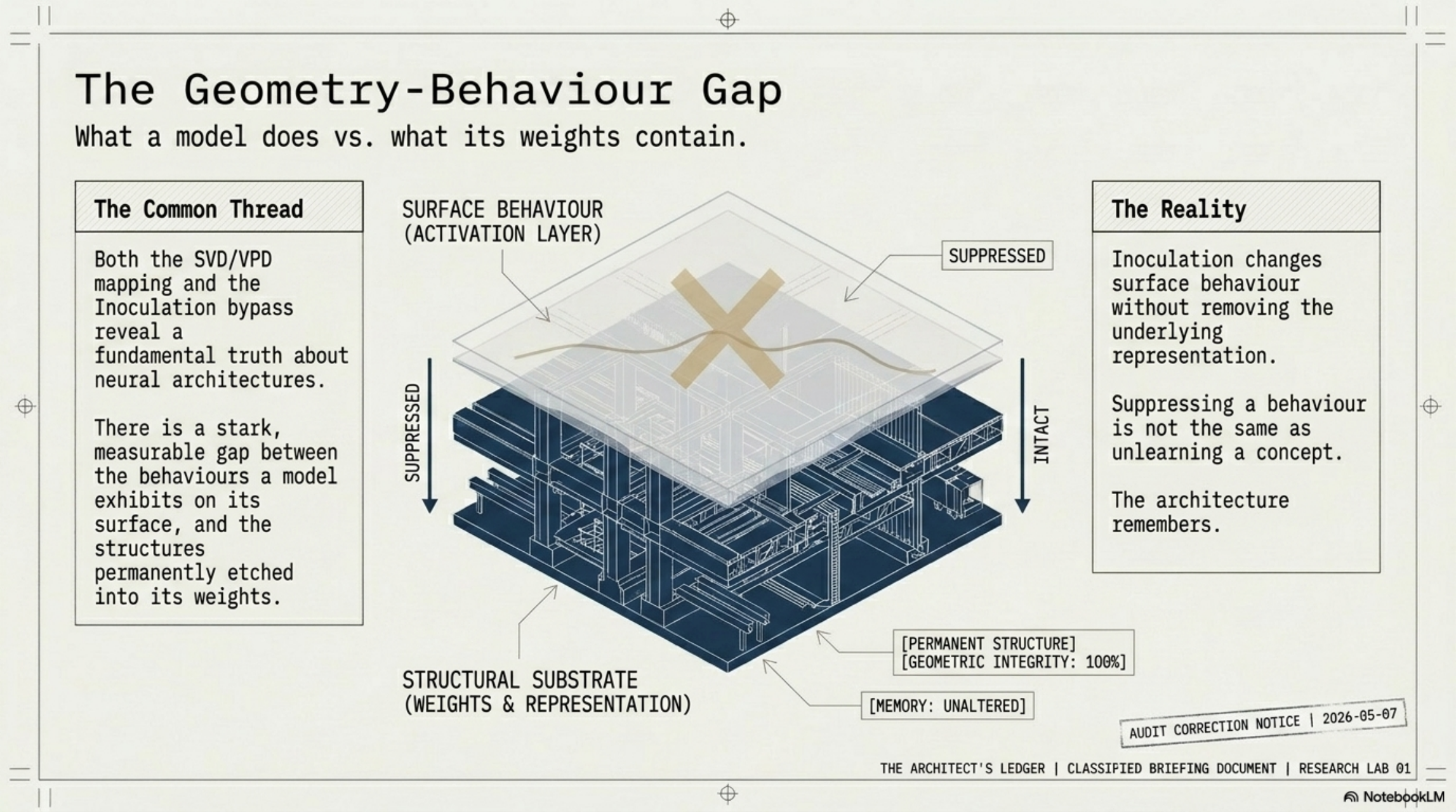 The geometry-behaviour gap: surface suppressed, structural substrate intact
